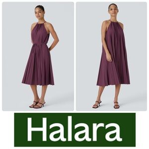 HALARA Purple Breezeful Halter Tie Back Sleeveless
Plisse Belted Midi Dress